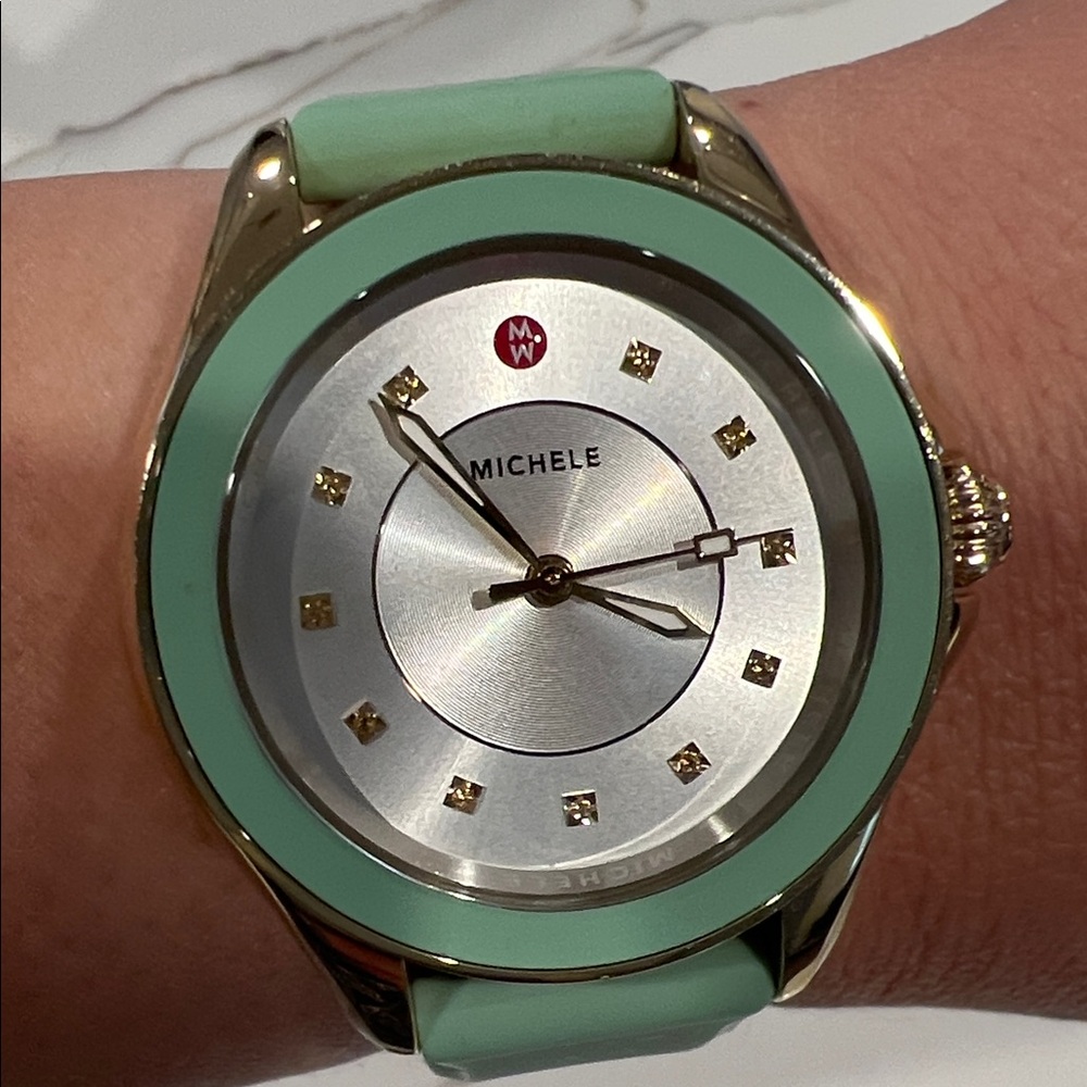 EUC MICHELE Cape Gold tone Stainless Steel and Mint Green Watch
